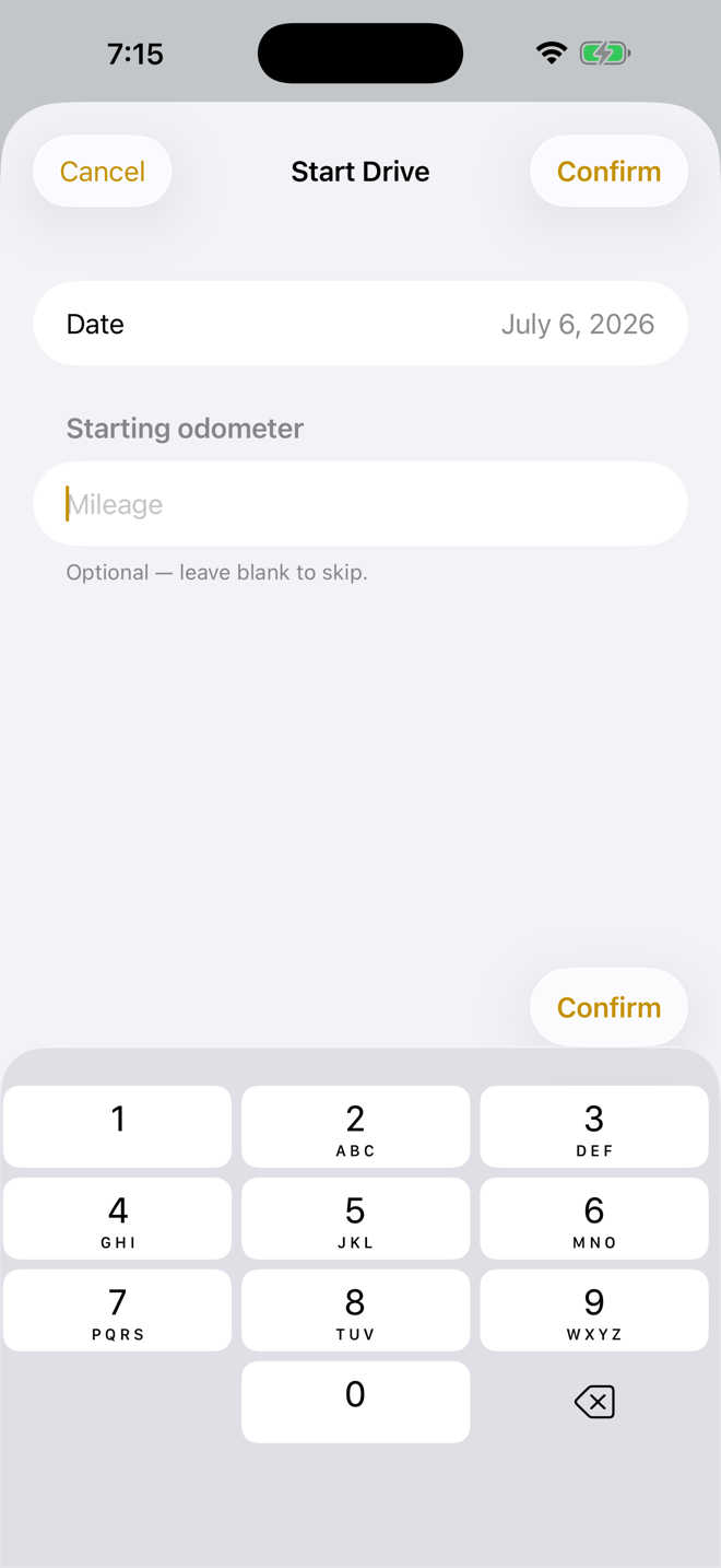 Cambria Bus asking for an optional starting mileage before a drive begins