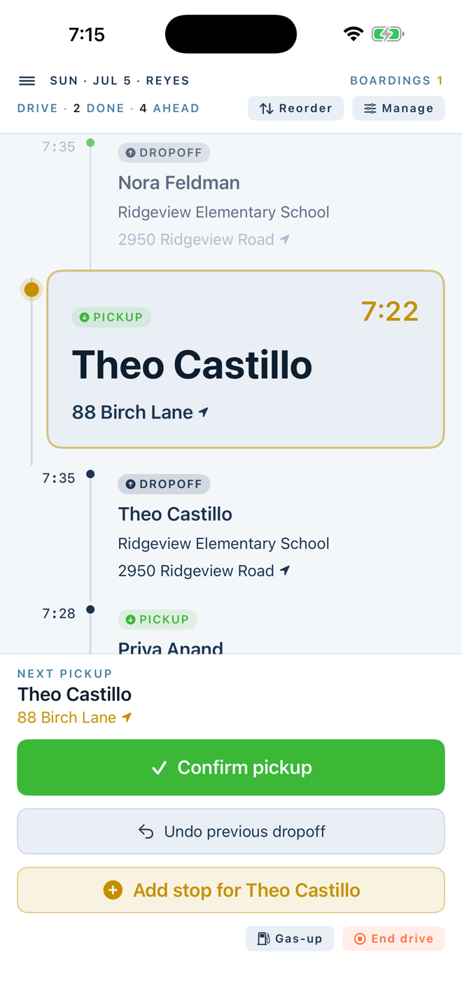 Cambria Bus showing the main driving screen with the next stop, ETA, and Manage / Reorder / End Drive controls