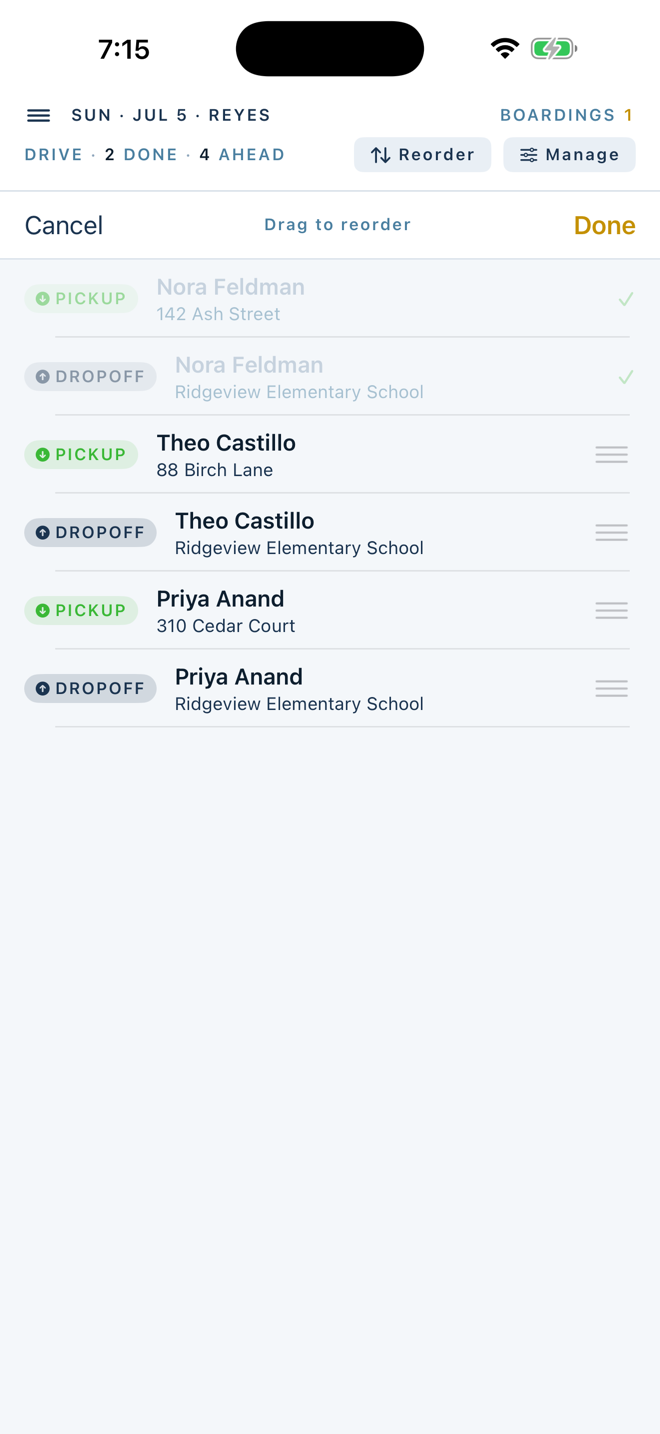 Cambria Bus showing a drag-to-reorder list for remaining stops