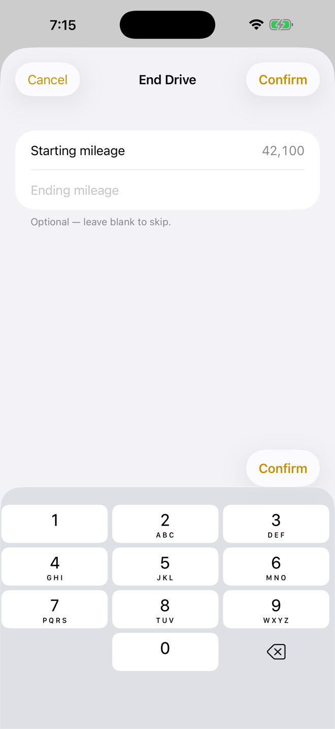 Cambria Bus asking for an optional ending mileage when a drive is finished