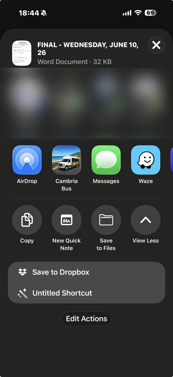 The iOS share sheet with Cambria Bus shown as a share target