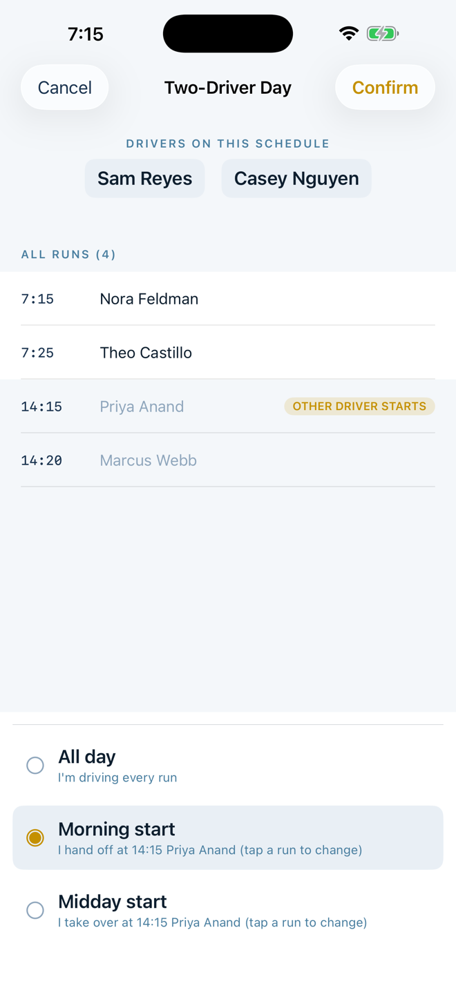 Cambria Bus asking which portion of a two-driver schedule belongs to this driver