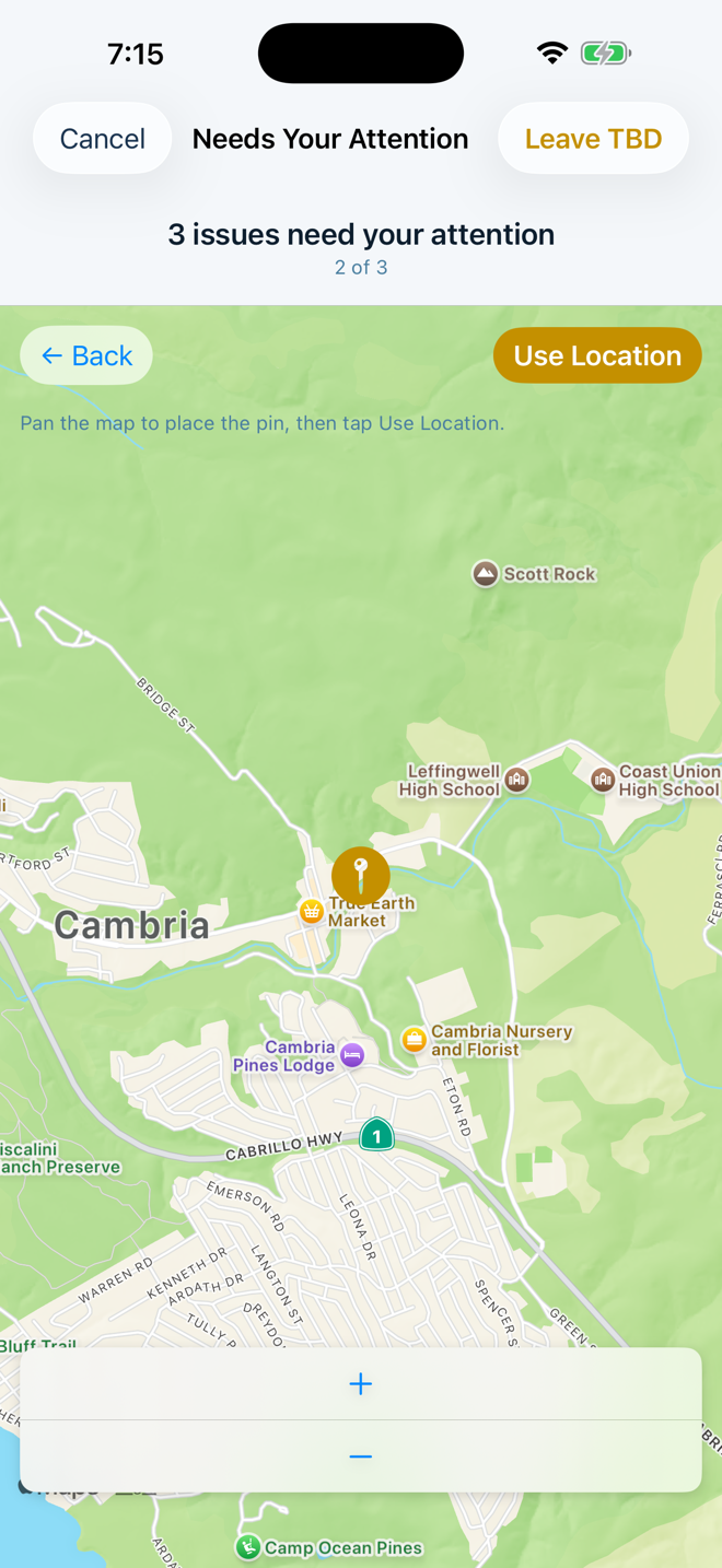 Cambria Bus asking the driver to drop a pin on a map to resolve a location