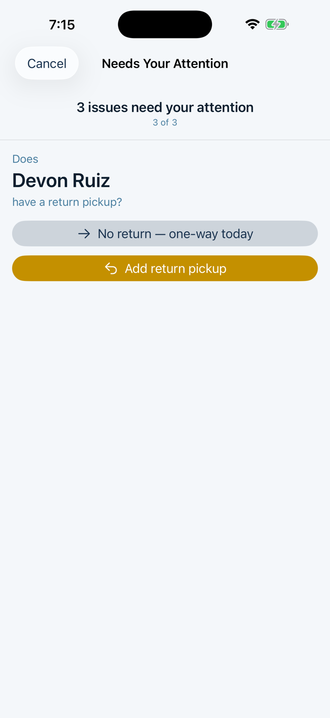 Cambria Bus asking whether a rider needs a return pickup added