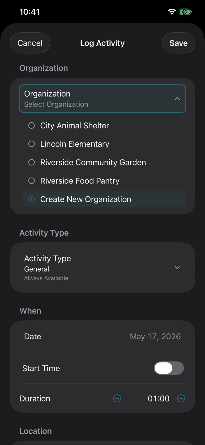 Volunteer Buddy Log Activity Organization chooser expanded, showing existing organizations plus Create New Organization