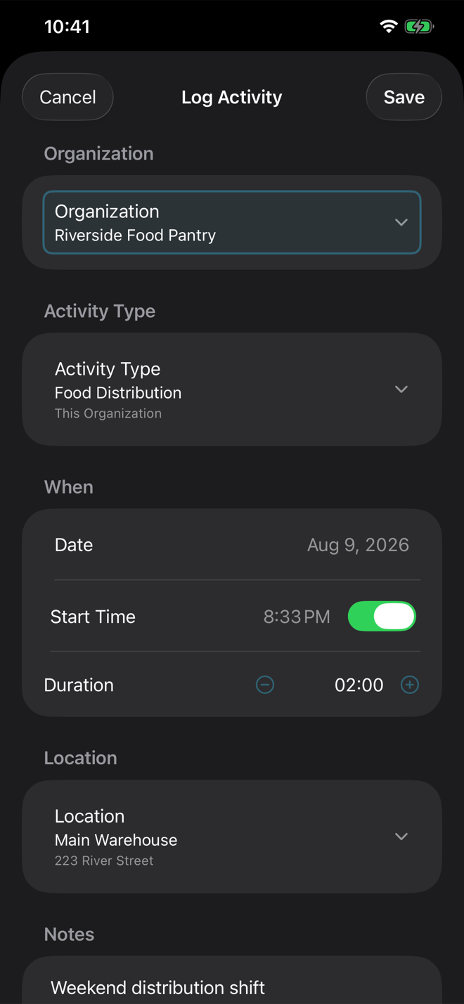 Volunteer Buddy Log Activity form on iPhone, populated with an organization, activity type, date, duration, location, and note