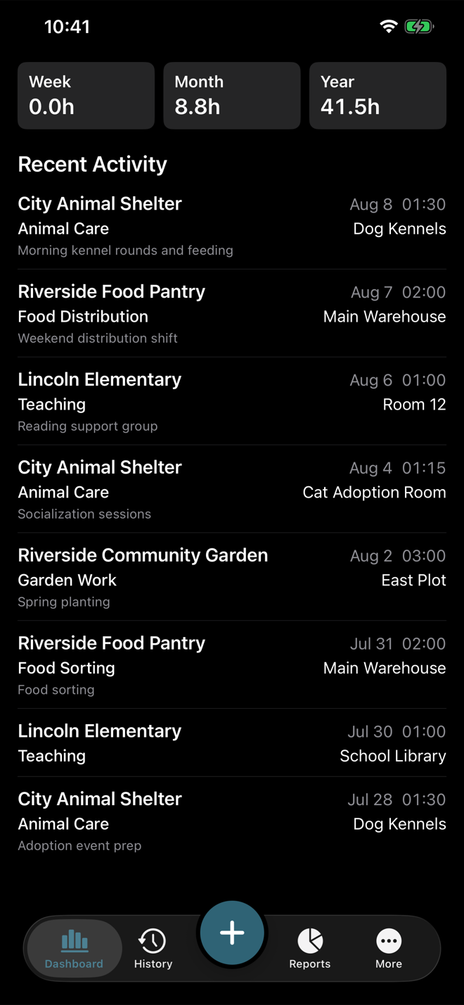Volunteer Buddy Dashboard on iPhone showing Week, Month, and Year totals above a Recent Activity list of sample entries