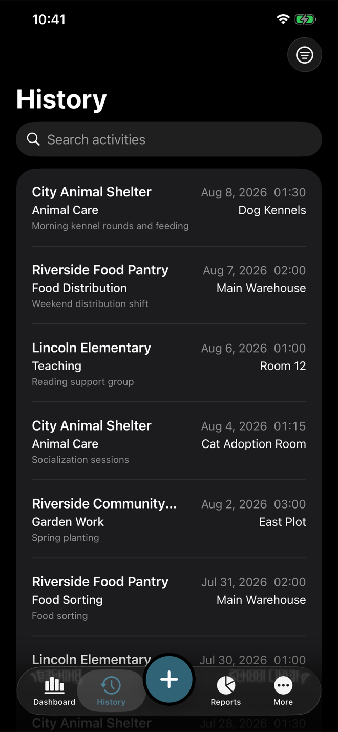 Volunteer Buddy History list on iPhone with several rows showing dates, organizations, activity types, durations, and locations