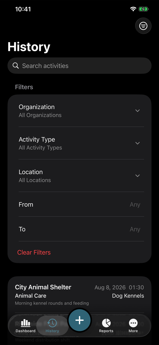 Volunteer Buddy History Filters panel expanded from the toolbar filter icon, with Organization, Activity Type, Location, From, and To controls populated