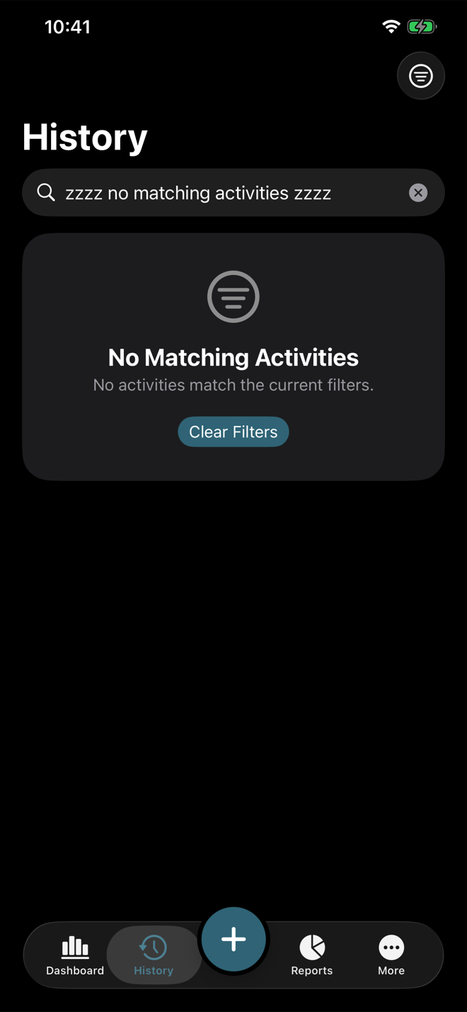 Volunteer Buddy History with no matching activities and Clear Filters visible