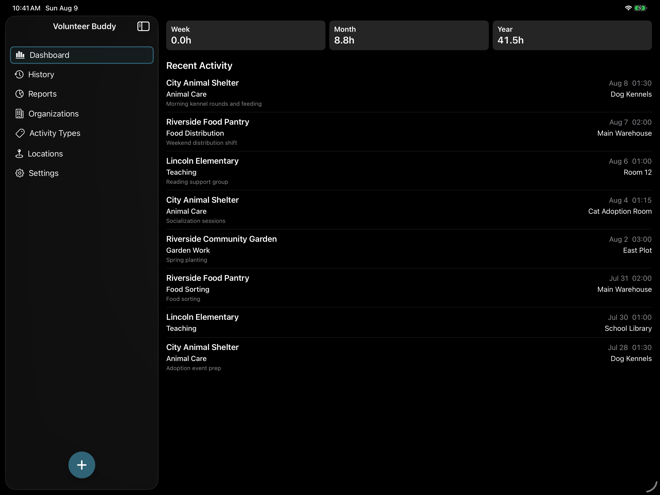 Volunteer Buddy Dashboard on iPad with the round Log Activity button docked at the bottom of the sidebar