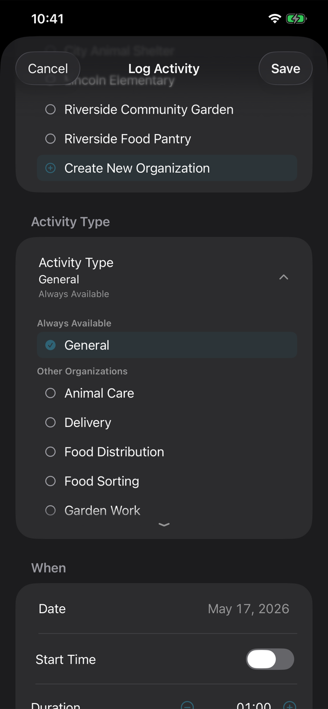 Volunteer Buddy Log Activity with the Organization chooser's Create New Organization option and the expanded Activity Type chooser showing General visible