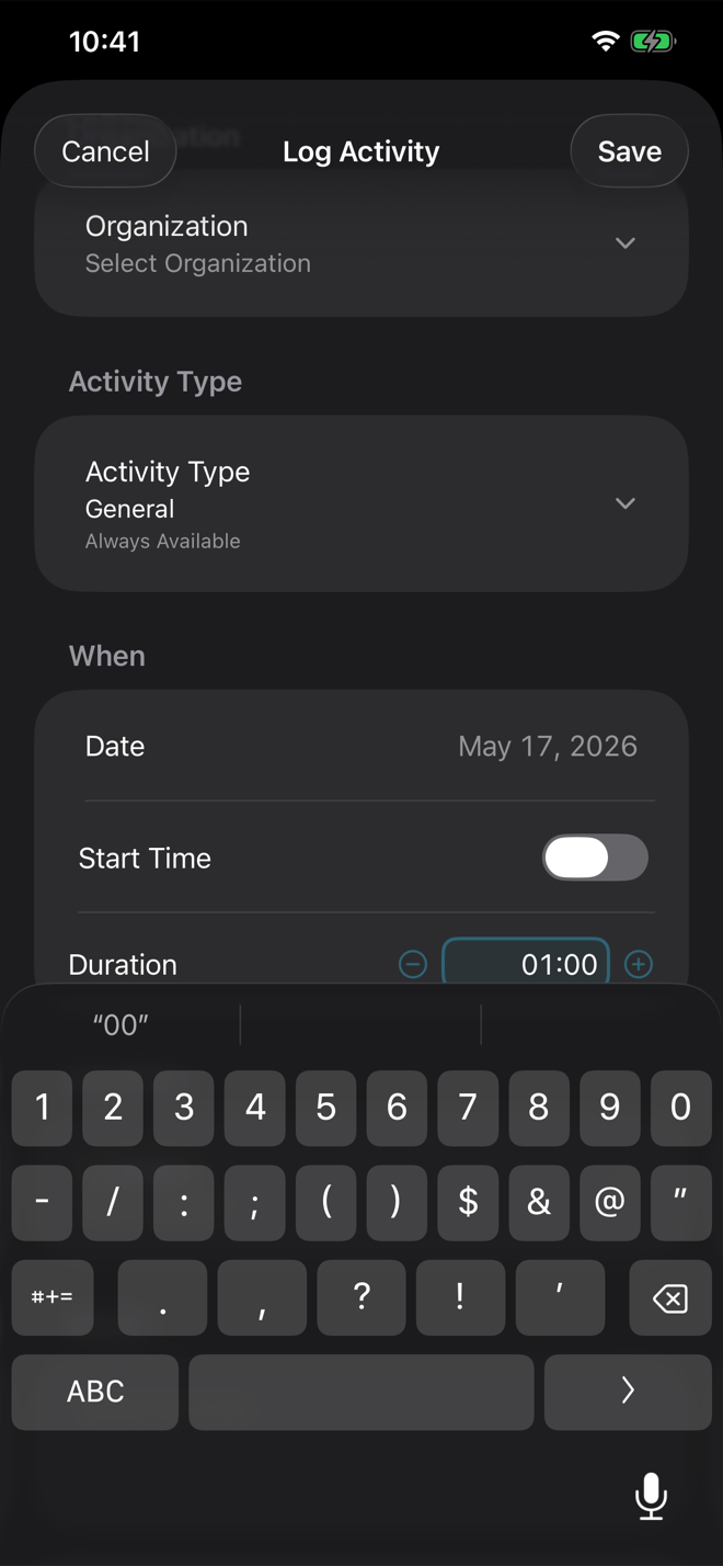 Volunteer Buddy Log Activity Duration row focused, showing the HH:MM field and increment/decrement controls