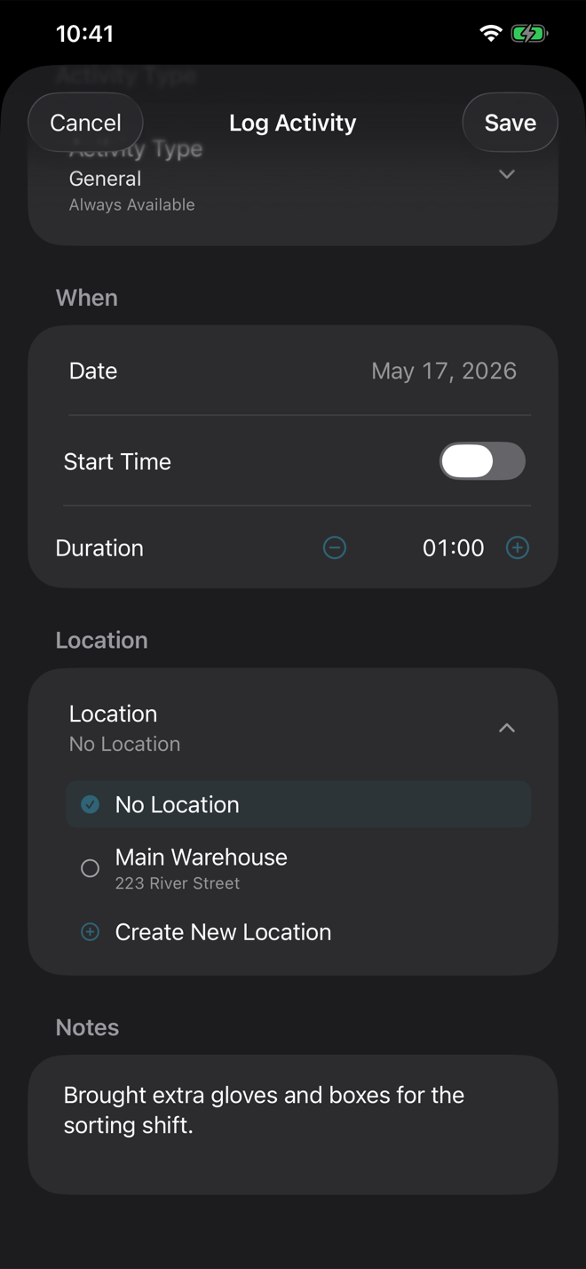 Volunteer Buddy Log Activity Location chooser expanded, showing No Location, a saved location, and Create New Location, with a note entered below