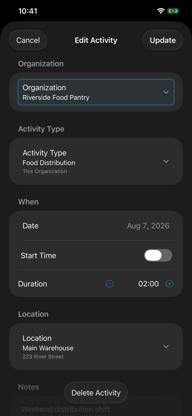 Volunteer Buddy Edit Activity sheet opened from History, showing Update and Delete Activity controls