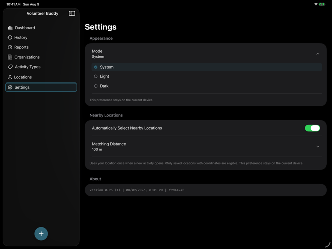 Volunteer Buddy Settings Appearance section with the Mode chooser expanded showing System, Light, and Dark