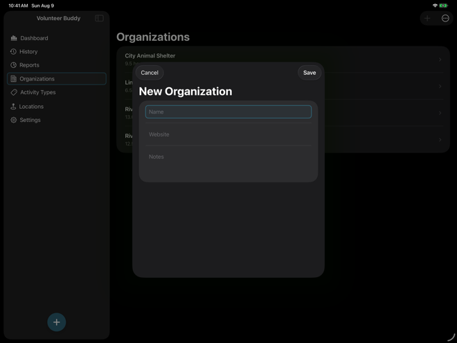 Volunteer Buddy New Organization form over the Organizations list, with Name, Website, and Notes fields