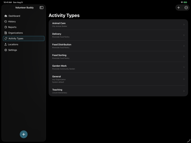 Volunteer Buddy Activity Types list on iPad showing General as system default plus several user-created types