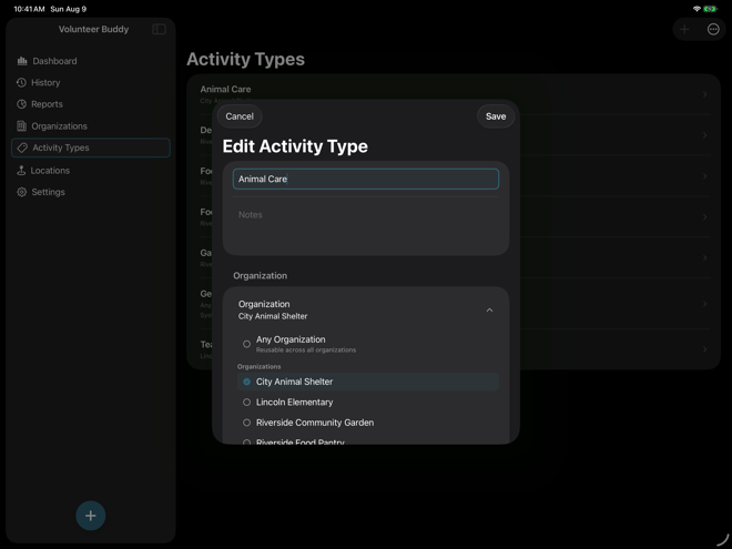 Volunteer Buddy Edit Activity Type form with the Organization chooser expanded, showing Any Organization and named organizations