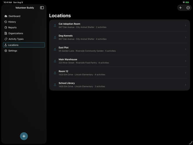 Volunteer Buddy Locations list on iPad showing global and organization-specific locations
