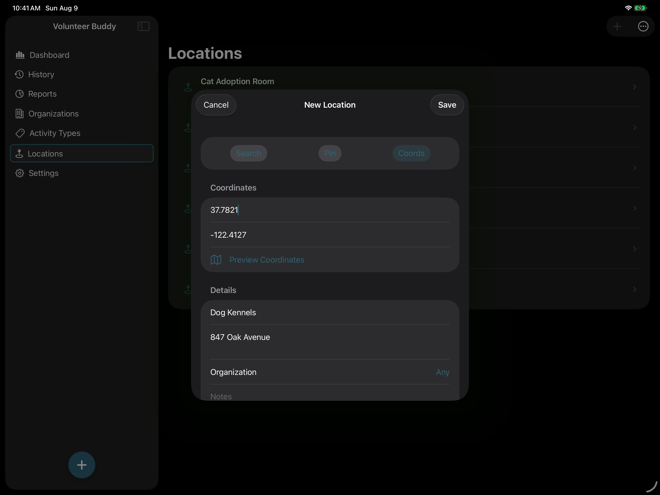 Volunteer Buddy New Location coordinates mode with valid latitude and longitude values and a name and address filled in