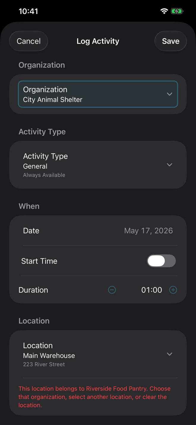Volunteer Buddy Log Activity form showing an inline validation error for an incompatible organization and location selection
