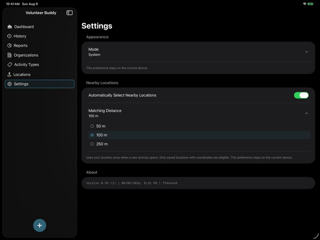Volunteer Buddy Settings Nearby Locations section with automatic selection enabled and the Matching Distance chooser open