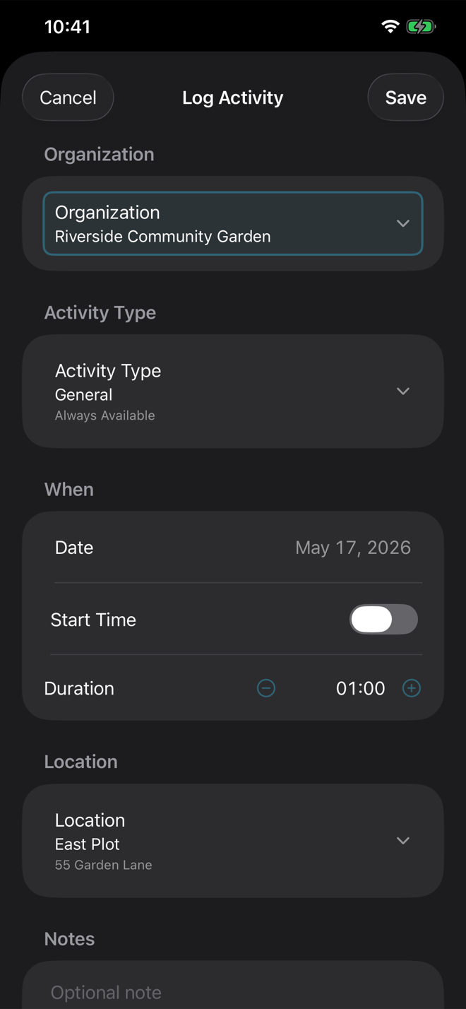 Volunteer Buddy Log Activity with a nearby saved location already selected